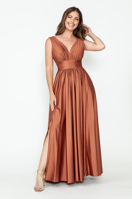 LA Merchandise LN5232 V-Neck Ruched Shiny Bridesmaid Dress - SIENNA - Dress LA Merchandise