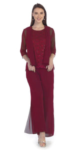 La Merchandise SF8844 Sleeveless Lace Top Chiffon Pants Set & Jacket - BURGUNDY - LA Merchandise