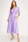 Load image into Gallery viewer, LAF3127 Wholesale Mother of the Bride Ruched V-Neck Midi Dress with 3/4 Sleeves and Pockets - LILAC - Mother of the Bride Dress LAF