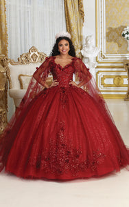La Merchandise LA214 Cape Sleeves Glitter Corset Quinceanera Gown - BURGUNDY - Dress LA Merchnadise