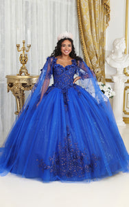 La Merchandise LA214 Cape Sleeves Glitter Corset Quinceanera Gown - ROYAL BLUE - Dress LA Merchnadise