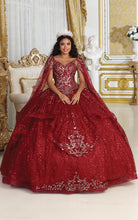 Load image into Gallery viewer, La Merchandise LA218 Embroidered Cape Sleeves Glitter Quince Ball Gown - BURGUNDY - LA Merchnadise