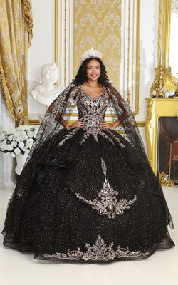 La Merchandise LA218 Embroidered Cape Sleeves Glitter Quince Ball Gown - BLACK - LA Merchnadise