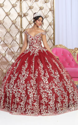 La Merchandise LA228 Multi Off Shoulder Lace Applique Quince Ball Gown - BURGUNDY - Dress LA Merchnadise