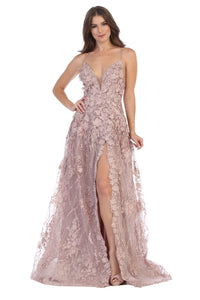 La Merchandise LA7738 Sexy Open Back floral dress with high front slit - Mauve - LA Merchandise