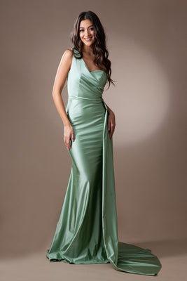 La Merchandise LAA387 One Shoulder Stretchy Side Cape Bridesmaids Dress - Sage - LA Merchandise