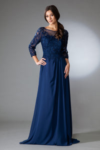 La Merchandise LAA7043 3/4 Sleeve Embroidered Mother Of The Bride Gown - NAVY BLUE - Dress LA Merchandise
