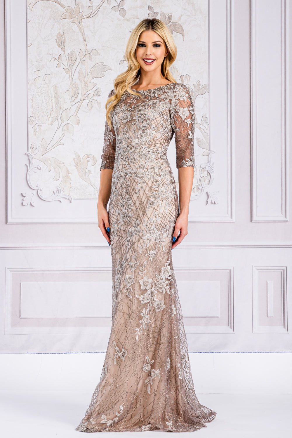 La Merchandise LAA7045 Lace Applique Mother of The Bride Evening Gown - MOCHA - Dress LA Merchandise