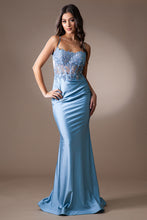 Load image into Gallery viewer, La Merchandise LAATM1018 Lace Applique Stretchy Prom Long Formal Dress - VINTAGE BLUE - Dress LA Merchandise