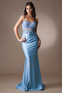La Merchandise LAATM1018 Lace Applique Stretchy Prom Long Formal Dress - VINTAGE BLUE - Dress LA Merchandise