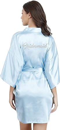 La Merchandise LAB1800 Women's Satin Short Bridal Party Robe - BLUE BRIDE - Masks LA Merchandise