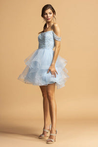 La Merchandise LAES2118 Cold Shoulder Detailed Short Mesh Prom Dress - Light Blue - LA Merchandise