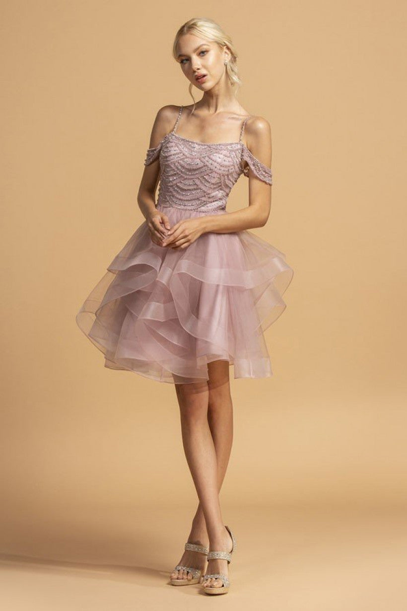 La Merchandise LAES2118 Cold Shoulder Detailed Short Mesh Prom Dress - Mauve - LA Merchandise
