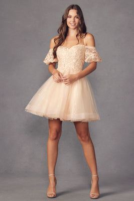 La Merchandise LAT886 Detachable Straps Homecoming Short Dress - CHAMPAGNE - LA Merchandise