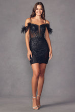 Load image into Gallery viewer, La Merchandise LAT897 Glitter Corset Cocktail Feathers Short Dress - BLACK - LA Merchandise
