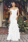 Load image into Gallery viewer, La Merchandise LAXC1106B Off Shoulder Feather Long Bridal White Dress - WHITE - Dress LA Merchandise