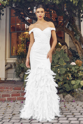 La Merchandise LAXC1106B Off Shoulder Feather Long Bridal White Dress - WHITE - Dress LA Merchandise
