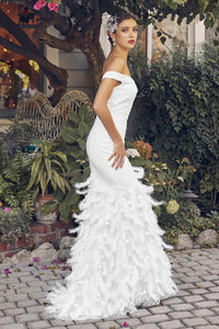 La Merchandise LAXC1106B Off Shoulder Feather Long Bridal White Dress - - Dress LA Merchandise