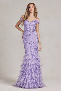 La Merchandise LAXC1106 Off Shoulder Mermaid Feather Prom Gown - LILAC - Dress LA Merchandise