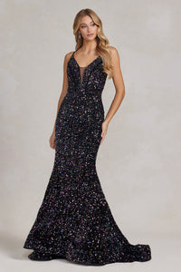 La Merchandise LAXC1109 Long Full Sequined Sexy Prom Formal Gown - BLACK & MULTI - LA Merchandise