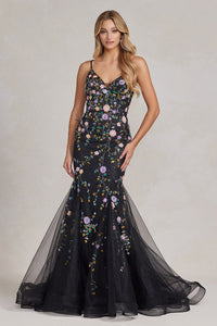 La Merchandise LAXC1117 Floral Embroidery Long Special Occasion Gown - BLACK MULTI - LA Merchandise