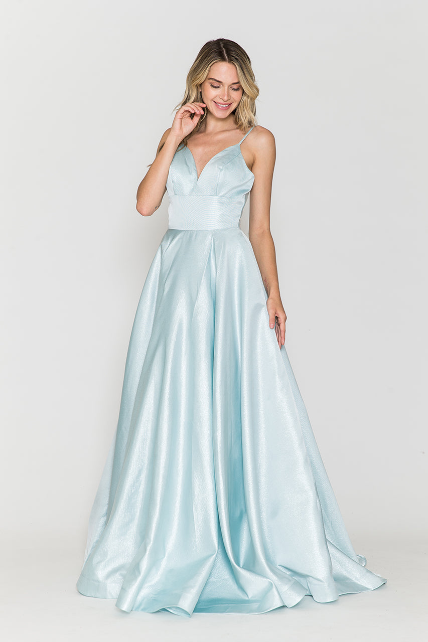 La Merchandise LAY8358 V-Neck Spaghetti Straps Long Simple A-Line Gown - Light Blue - LA Merchandise