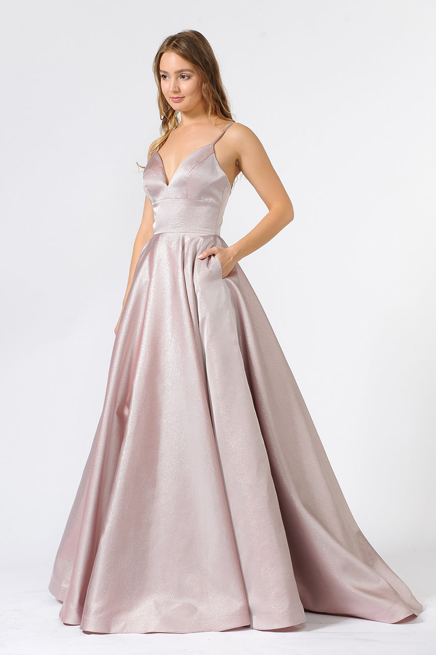 La Merchandise LAY8358 V-Neck Spaghetti Straps Long Simple A-Line Gown - Mauve - LA Merchandise