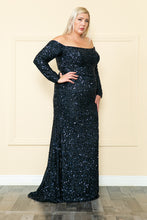 Load image into Gallery viewer, La Merchandise LAY8876 Long Sleeve Sequin Off The Shoulder Formal Gown - NAVY - LA Merchandise
