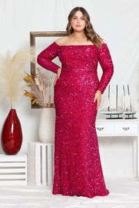 La Merchandise LAY8876 Long Sleeve Sequin Off The Shoulder Formal Gown - RED BERRY - LA Merchandise
