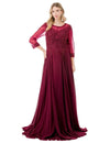 Load image into Gallery viewer, LAHM2723J Wholesale Mother of the Bride A-Line Illusion Lace Gown with 3/4 Sleeves Long Dress - BURGUNDY - Mother of the Bride Dress LAH