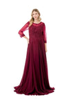 Load image into Gallery viewer, LAHM2723JP Wholesale Plus Size A-Line Mother of the Bride Evening Gown with Illusion Lace &amp; 3/4 Sleeves - BURGUNDY - Mother of the Bride Dress LAH