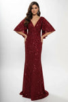 Load image into Gallery viewer, LAHM2751T Wholesale Sequin Sheath V-Neck Flutter Sleeve Mother of the Bride Gown with Train - BURGUNDY - Mother of the Bride Dress LAH