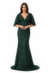 Load image into Gallery viewer, LAHM2751T Wholesale Sequin Sheath V-Neck Flutter Sleeve Mother of the Bride Gown with Train - EMERALD - Mother of the Bride Dress LAH