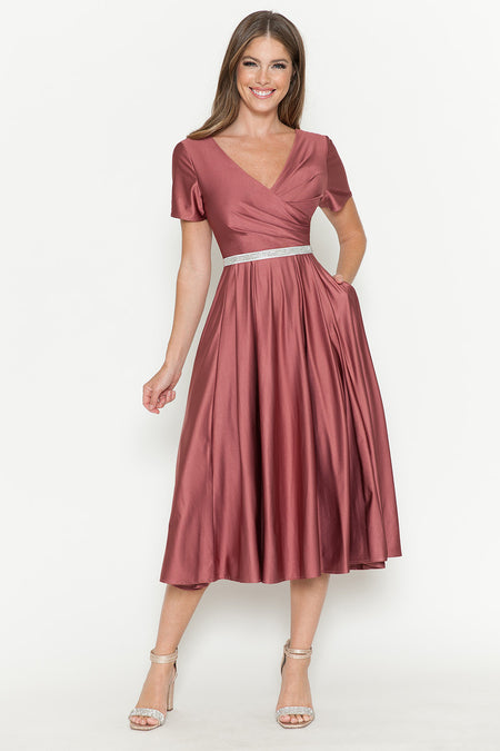 LA Merchandise LAF5274 V-Neck Short Sleeve Midi Dress with Rhinestone Waistband and Pockets