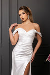 Load image into Gallery viewer, Wholesale Off-Shoulder Ruched Satin Sheath Wedding Dress with High Slit Bridal Gown by LA2138