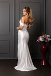 Load image into Gallery viewer, Wholesale Off-Shoulder Ruched Satin Sheath Wedding Dress with High Slit Bridal Gown by LA2138