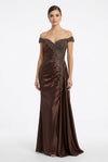 Load image into Gallery viewer, LA2258 Wholesale Off-Shoulder Beaded Lace Mermaid Evening Gown with Corset Back Ruched Satin Dress - CHOCOLATE - Long Prom Dress LA MERCHANDISE