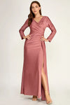 Load image into Gallery viewer, LAF3129 Wholesale Long Sleeve Satin Wrap Gown with Slit Ruched Surplice V-Neck Maxi Dress