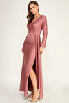 Load image into Gallery viewer, LAF3129 Wholesale Long Sleeve Satin Wrap Gown with Slit Ruched Surplice V-Neck Maxi Dress