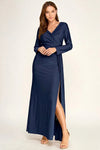 Load image into Gallery viewer, LAF3129 Wholesale Long Sleeve Satin Wrap Gown with Slit Ruched Surplice V-Neck Maxi Dress
