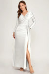 Load image into Gallery viewer, LAF3129 Wholesale Long Sleeve Satin Wrap Gown with Slit Ruched Surplice V-Neck Maxi Dress