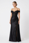 Load image into Gallery viewer, Cold-Shoulder Lace Formal Gown with Floral Appliqué and Draped Satin Evening Gown by PL-1005 - BLACK - Prom Dress La Merchandise