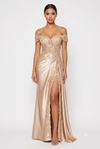 Load image into Gallery viewer, Cold-Shoulder Lace Formal Gown with Floral Appliqué and Draped Satin Evening Gown by PL-1005 - CHAMPAGNE - Prom Dress La Merchandise