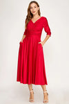 Load image into Gallery viewer, LAF3127 Wholesale Mother of the Bride Ruched V-Neck Midi Dress with 3/4 Sleeves and Pockets - RED - Mother of the Bride Dress LAF