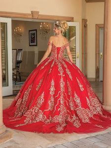 LA Merchandise LAQ1783 Red Off-Shoulder Quinceañera Ball Gown with Gold Embroidery