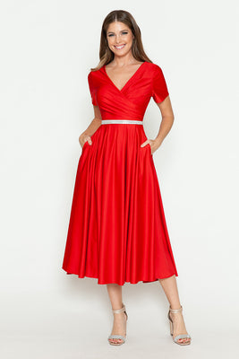 LA Merchandise LAF5274 V-Neck Short Sleeve Midi Dress with Rhinestone Waistband and Pockets