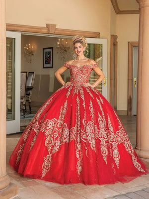 LA Merchandise LAQ1783 Red Off-Shoulder Quinceañera Ball Gown with Gold Embroidery