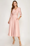 Load image into Gallery viewer, LAF3127 Wholesale Mother of the Bride Ruched V-Neck Midi Dress with 3/4 Sleeves and Pockets - ROSE - Mother of the Bride Dress LAF