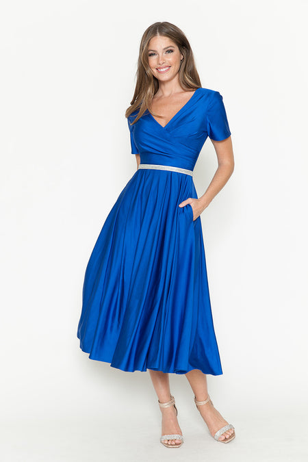 LA Merchandise LAF5274 V-Neck Short Sleeve Midi Dress with Rhinestone Waistband and Pockets