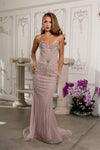 Load image into Gallery viewer, LA8258 Wholesale Beaded Strapless Sweetheart Corset Evening Gown Sheer Flared Hem Sweep Train - MAUVE - Long Prom Dress LA Merchandise
